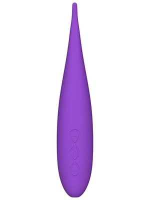 Purple silicone LELO Dot Travel Device with control buttons on a white background