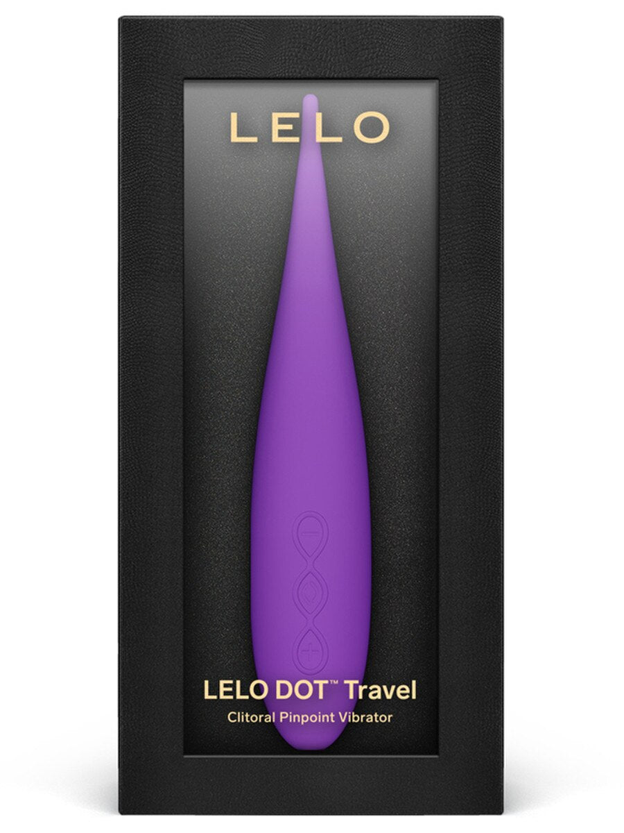 Purple clitoral pinpoint vibrator in a black box with 'LELO Dot Travel Device' branding