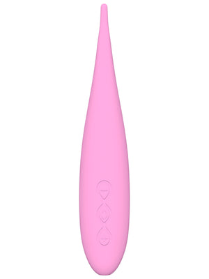 Pink silicone LELO Dot Travel Device with heart designs on a white background