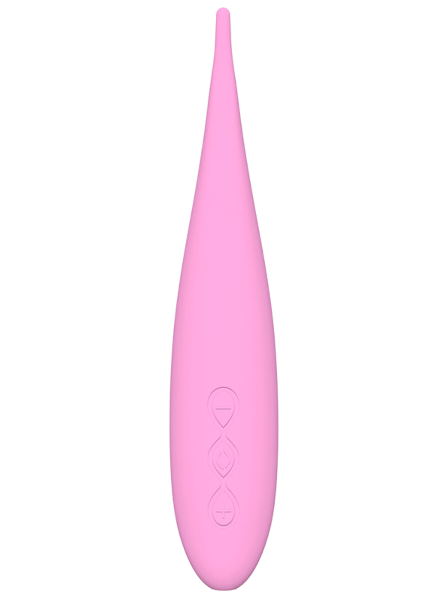 Pink silicone LELO Dot Travel Device with heart designs on a white background
