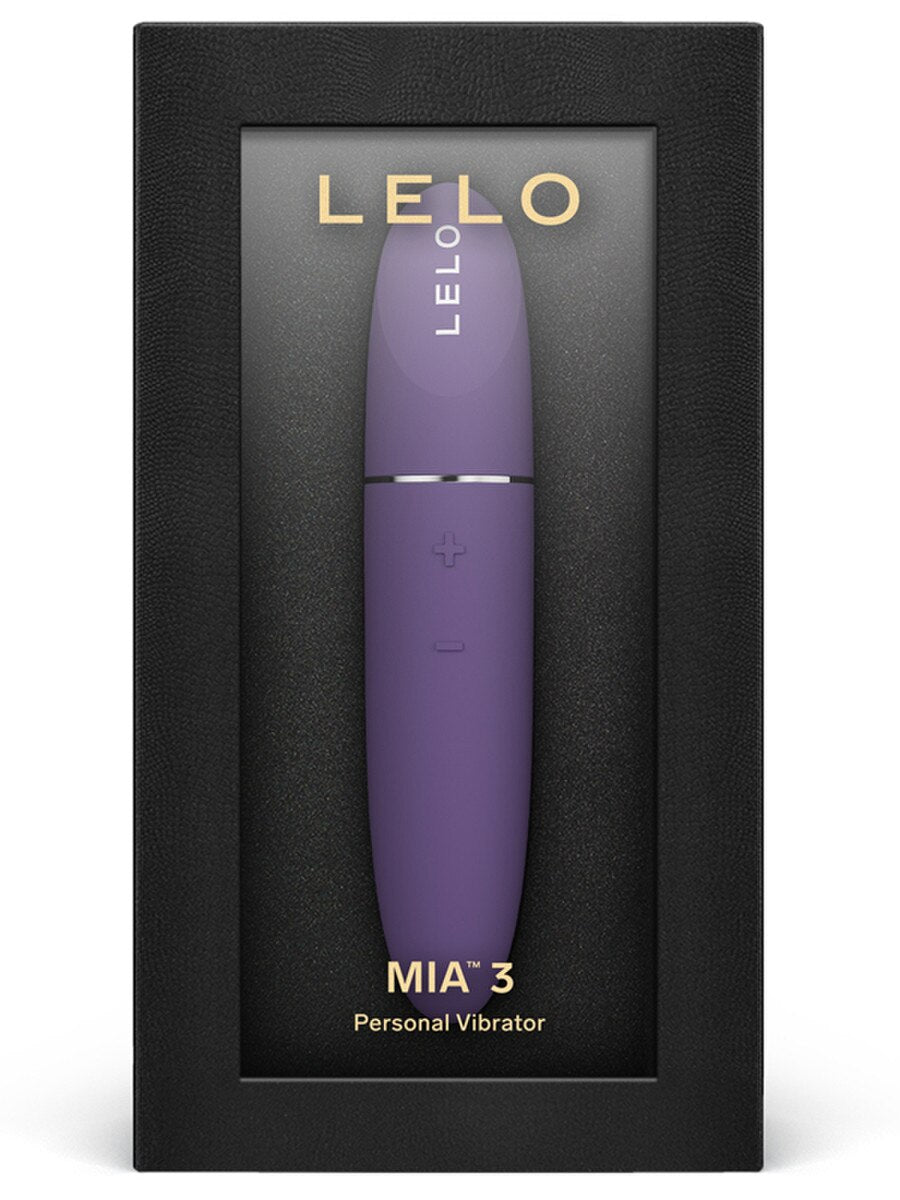 Purple Lelo Mia 3 4.4" Discreet Massager personal vibrator in a black box