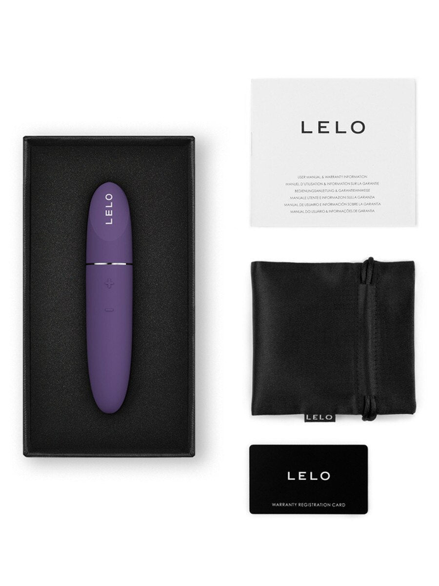 Purple Lelo Mia 3 4.4" Discreet Massager product in a black box with packaging materials on a white background