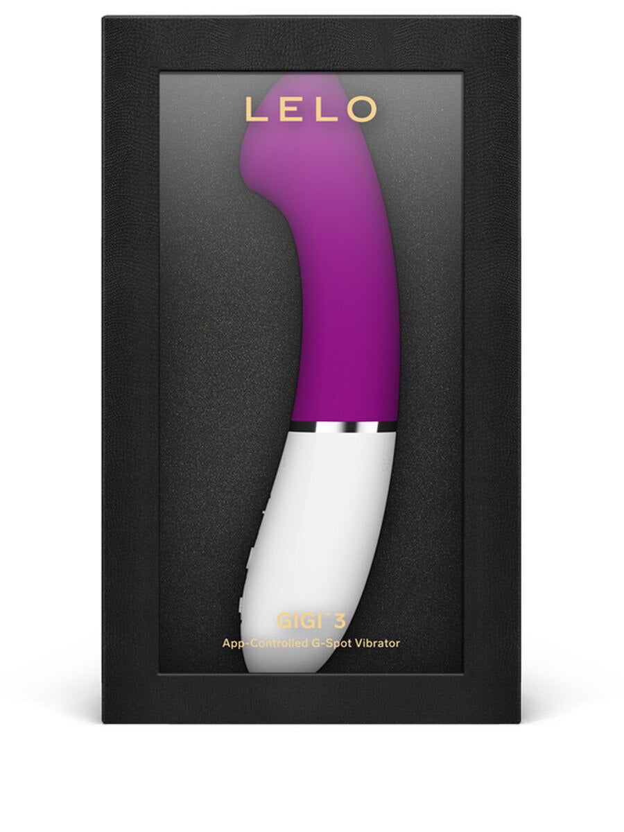 Purple and white vibrator in a black box with 'Lelo Gigi 3 G Spot Vibrator' branding.