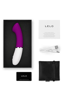 Lelo Gigi 3 G Spot Vibrator product with packaging, USB cable, and case on a white background