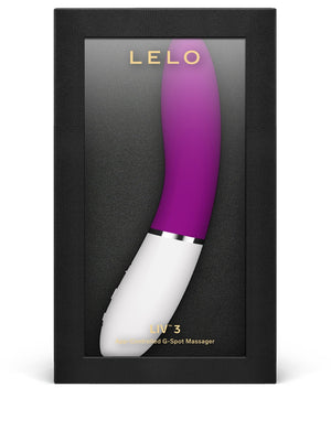 Purple and white G-Spot massager in a black box with 'Lelo Liv 3 App Controlled G Spot Vibrator' branding.