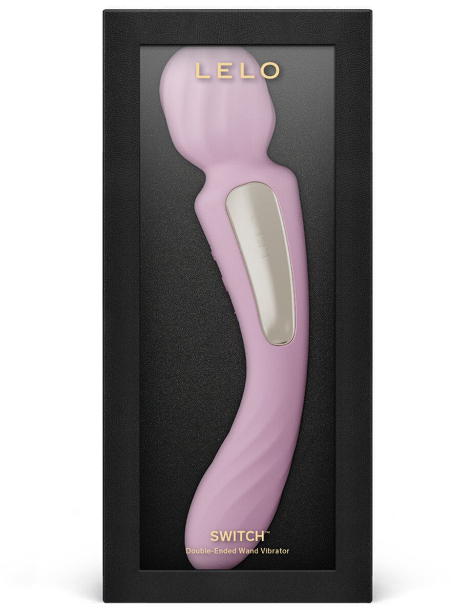 Pink 'Switch' vibrator in a black box with 'Lelo Switch 8 Double Ended Vibrator' branding.
