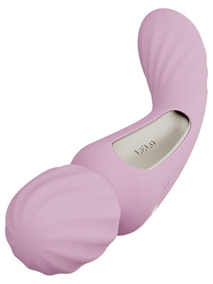 Pink silicone massager with 'Lelo Switch 8 Double Ended Vibrator' branding on a white background