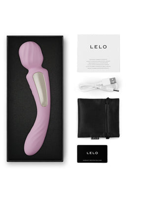 Pink Lelo Switch 8 Double Ended Vibrator with packaging and accessories on a white background