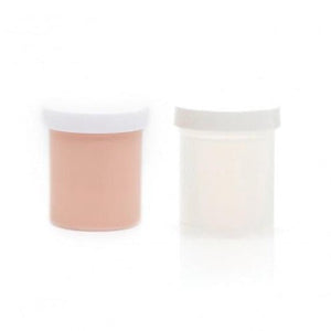 Two cylindrical containers with lids, one beige and one white, on a white background.