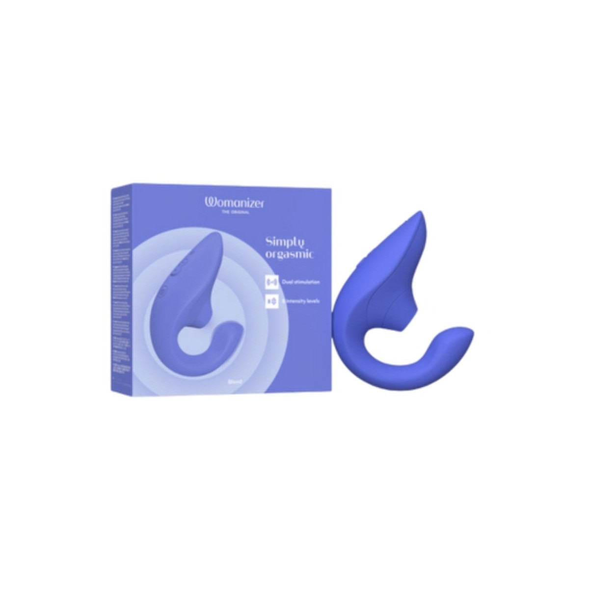 Blue Womanizer Blend Massager product and packaging on a white background