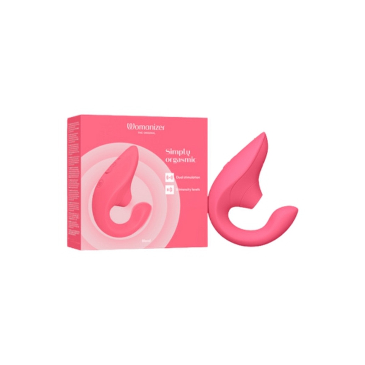 Pink Womanizer Blend Massager and packaging on a white background