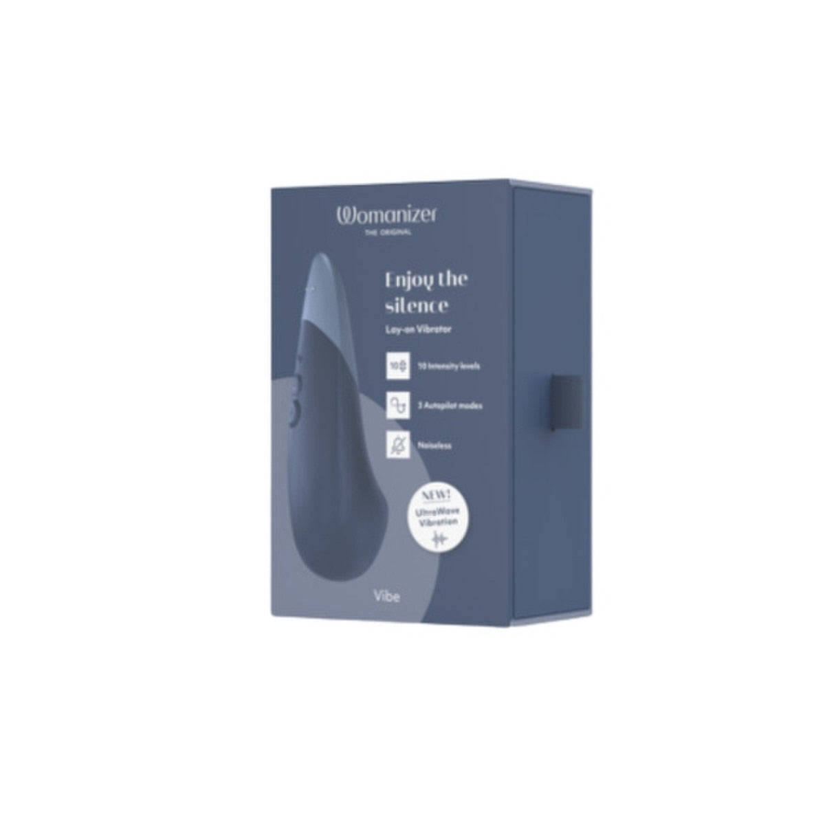 Blue packaging box for a product with 'Womanizer Vibe Massager' branding on a white background