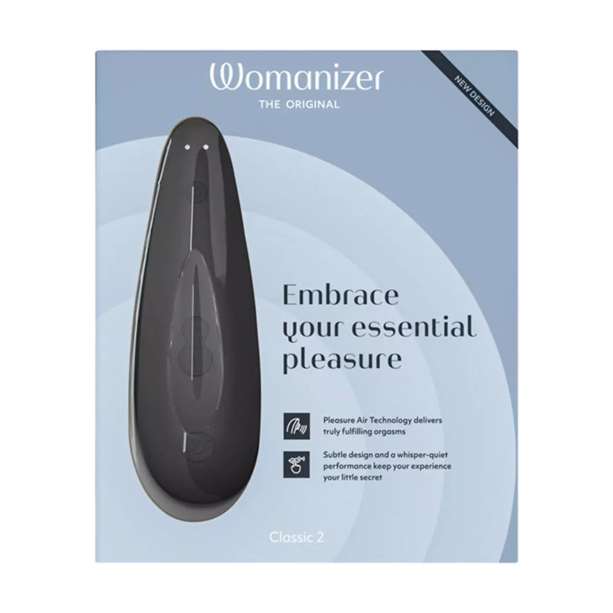Womanizer Classic 2 Massager packaging with text on a light blue background