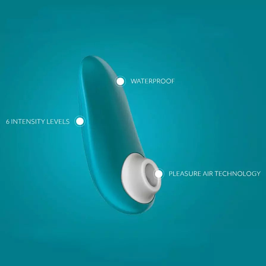 Blue and white Womanizer Starlet 3 with text indicating waterproof feature, 6 intensity levels, and Pleasure Air Technology on a blue background.