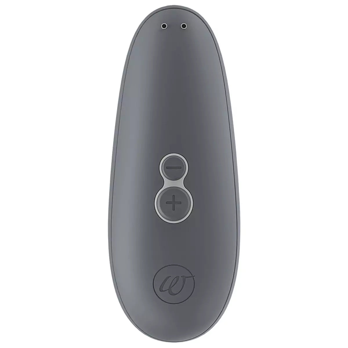 Gray remote control with two buttons on a white background