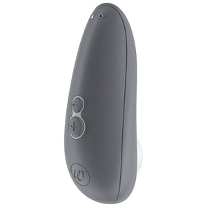 Gray remote control with two buttons on a white background