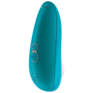 Turquoise electronic device with two buttons on a white background