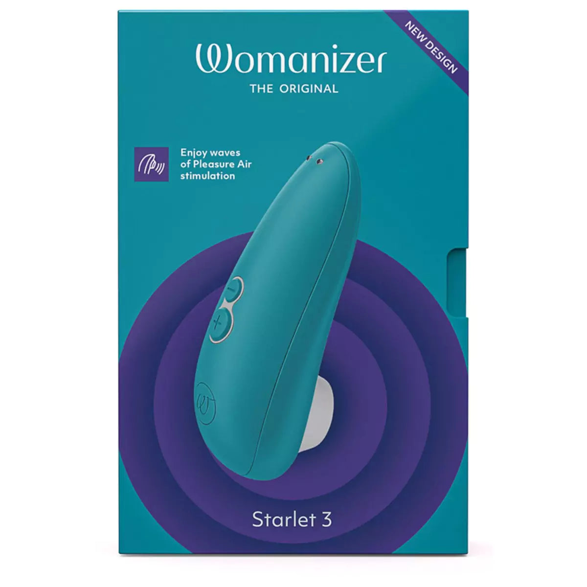 Womanizer Starlet 3 packaging with teal device on a blue and purple background