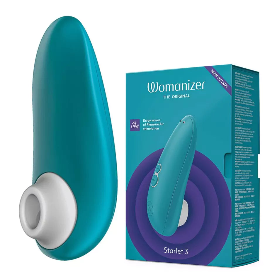 Teal and white device with packaging labeled 'Womanizer Starlet 3' on a white background